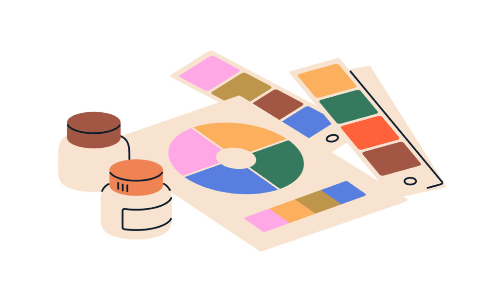 A piece of paper with a color circle and three other thin rectangular papers with color palette swatches